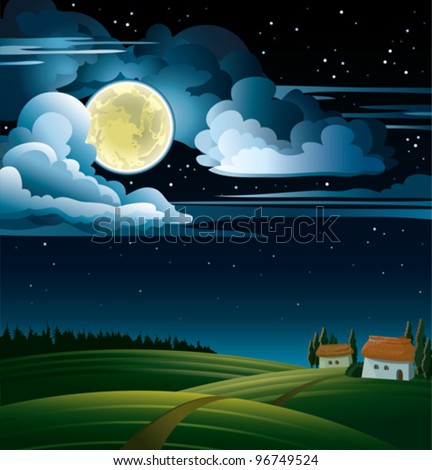 Summer night with full moon and stars on a cloudy sky