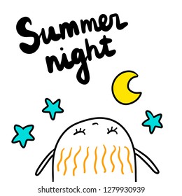 Summer night hand drawn illustration with cute marshmallow looking at the stars and moon