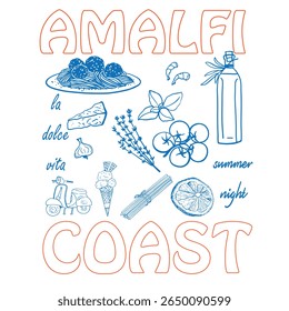 Noite de verão. Itália. Costa de Amalfi. Ilustração vetorial de limão italiano mediterrâneo, massa, tomate, azeitona, erva. Tema La Dolce Vita, ilustração vetorial.
