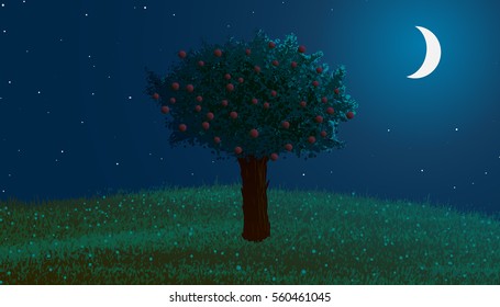 Summer. Night landscape. Apple tree with flowers on a hill in the moonlight.