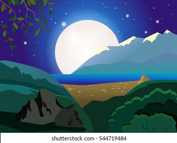 Summer Night landscape. In the background the lake and sandy beach. Large moon in the sky. Beautiful background.