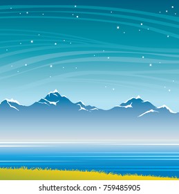 Summer night landscape with blue mountains, calm lake, green grass and starry sky. Vector nature illustration. 