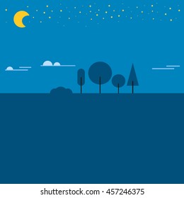 Summer night landscape color scene twilight. Dark tree summer beautiful vector space night landscape at night in full moon light. Nature light blue background night landscape dark tree, summer night.