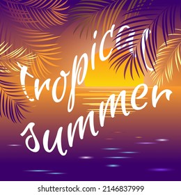  summer night landscape. colorful tropical background with sunset
 and sea.vector