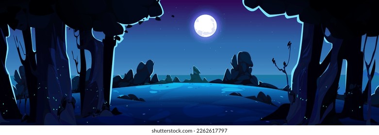 Summer night landscape with dark trees, bushes, grass. Nature park scenery, countryside panorama with trees and meadows, blue sky with full moon vector cartoon illustration