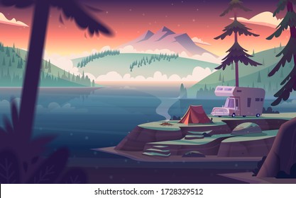 Summer night landscape with mountain lake view and camping . Summer night camp on river shore.