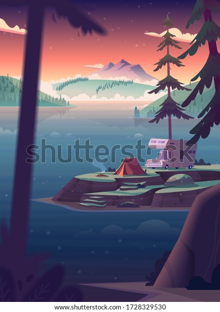 Summer night landscape with mountain\
lake view and camping . Summer night camp on river\
shore.