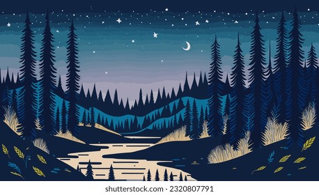 Summer night landscape with mountains and moon light. Peaceful midnight nature background, panorama,  river, sky horizon with stars in darkness at nighttime. Colorful vector art illustration.