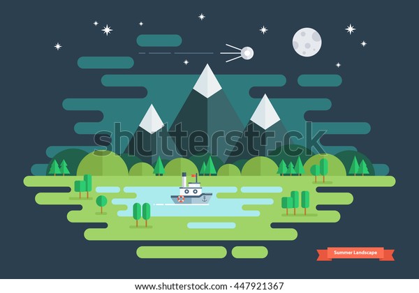 夏の夜景 月 星 山 雲の自然の風景 フラットなデザインベクターイラスト のベクター画像素材 ロイヤリティフリー