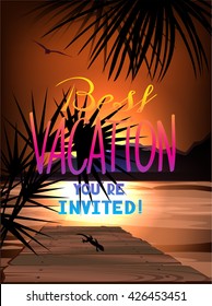 Summer night landscape with palm tree silhouettes. Vector illustration