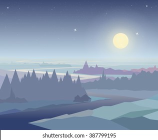 Summer night landscape with river