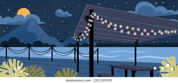 Summer night landscape vector concept. Beautiful promenade with lanterns and rooftops. Holidays in tropical and exotic countries. Outdoor cafe at beach, gazebo. Cartoon flat illustration