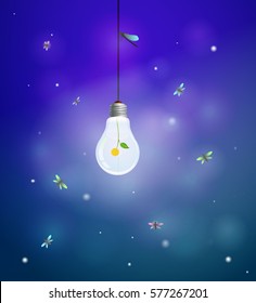 summer night light eco bulb with bright yellow flower, summer light and fireflies and night butterflies, ecology night light concept, vector