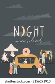 Summer night market scene poster. Spring, summer outdoor street festival affiche. People in different situations, have fun, shopping handmade items, dancing, eating, drinking, meeting friends.