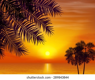 Summer night. Palm trees on the background of sunset. Vector illustration. EPS 10