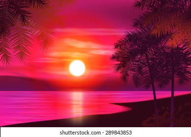 Summer night. Palm trees on the background of sunset. Vector illustration. EPS 10