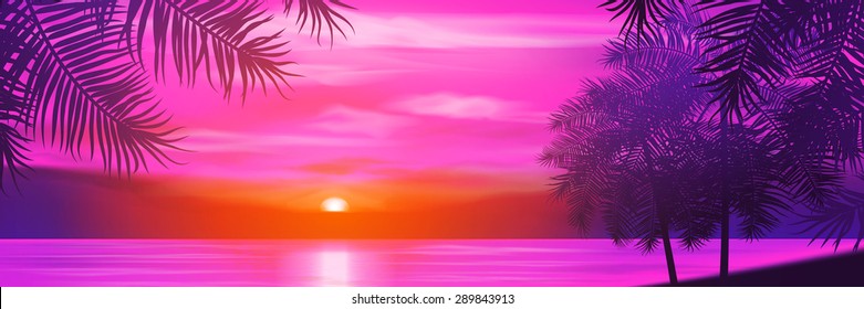 Summer night. Palm trees on the background of sunset. Vector illustration for your banner. EPS 10