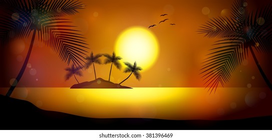 Summer night. Palm trees on the background of sunset