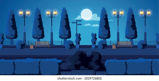 Summer night park alley flat horizontal banner with moon lanterns benches shrubs dark blue background vector illustration