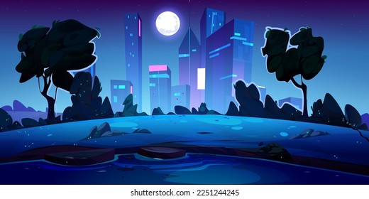 Summer night park with lake in big city. Cartoon vector illustration of beautiful public garden landscape with river and trees, modern building silhouettes in background under full moon light