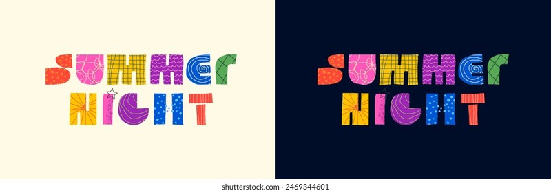 Sommernachtsabstraktes dekoratives Inschriftenkonzept. Moderne bunte grafische Formen Schriftzug für Urlaub oder Event. In der Sommersaison trendige kreative Logo. Celebration Bright Badge-Feen isoliert