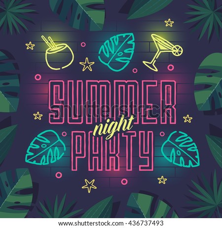 Summer night party. Summer beach party poster with lettering typography, neon elements and tropical leaves frame on dark background. Summer vacation, summer party template. Vector illustration.