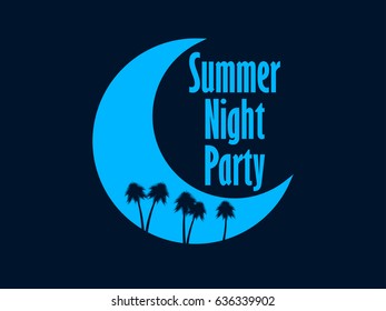 Summer night party. Crescent and palm trees. Retro banner. Vector illustration