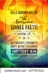 Summer night party flyer or poster. Vector design template with colorful abstract background. Dance club event layout template