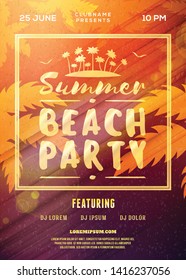 Summer night party flyer or poster. Vector design template with colorful abstract background