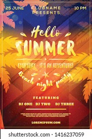 Summer night party flyer or poster. Vector design template with colorful abstract background