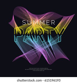 Summer Night Party poster. Abstract background with a dynamic music waves and particles. Vector illustration.
