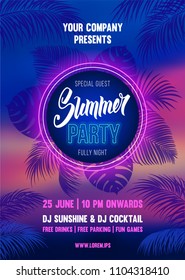 Summer Night party poster bright design with silhouettes of the palm leaves and gorgeous sunset at the seaside on background. Vector illustration.