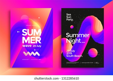 Summer Night Party Poster. Club Bright Flyer. Abstract Gradients Waves Music Background.