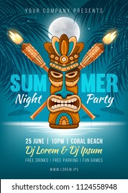 Summer Night party poster design with Tiki mask, bamboo torch and silhouette of the palm leaves, full moon and it reflection in the sea water near the beach. Vector illustration