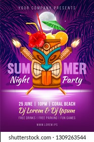 Summer Night party poster design with exotic cocktail in Tiki mug, bamboo torch and silhouette of the palm leaves, full moon and it reflection in the sea water near the beach. Vector illustration