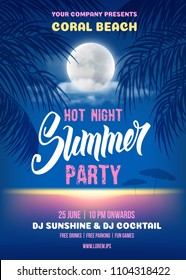 Summer Night party poster romantic design with silhouette of the palm leaves, full moon and it reflection in the sea water near the beach. Vector illustration