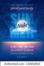 Summer Night party poster romantic design with silhouette of the palm leaves, full moon and it reflection in the sea water near the beach. Vector illustration