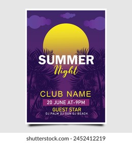 Summer Night party poster romantic design with silhouette of the palm leaves