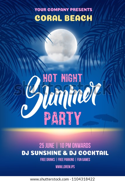 Summer Night party poster\
romantic design with silhouette of the palm leaves, full moon and\
it reflection in the sea water near the beach. Vector\
illustration
