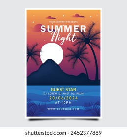 Summer night party poster template with palm trees. Summer Night party poster romantic design with silhouette of the palm leaves