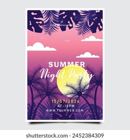 Summer Night party poster template romantic design with silhouette of the palm leaves