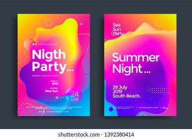 Summer Night Party poster wiht colorful liquid form. Abstract gradient club dj flyer design template. Electronic music fest.