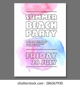 Summer Night Party Vector Club Poster Template - EPS10 Design. Watercolor spots.