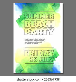 Summer Night Party Vector Club Poster Template - EPS10 Design. Watercolor spots.