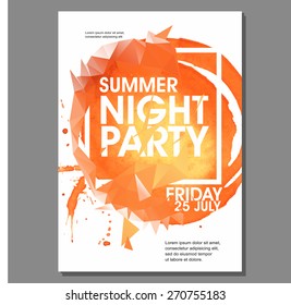 Summer Night Party Vector Flyer Template - EPS10 Design. Polygonal graphic. Watercolor spot.