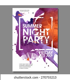 Summer Night Party Vector Flyer Template - EPS10 Design. Polygonal graphic. Watercolor spot.