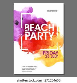 Summer Night Party Vector Flyer Template - EPS10 Design. Polygonal graphic. Watercolor spot.