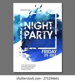 Summer Night Party Vector Flyer Template - EPS10 Design. Polygonal graphic. Watercolor spot.