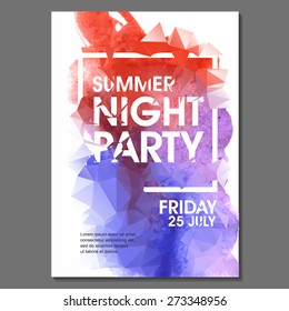 Summer Night Party Vector Flyer Template - EPS10 Design. Polygonal graphic. Watercolor spot.