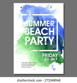 Summer Night Party Vector Flyer Template - EPS10 Design. Polygonal graphic. Watercolor spot.
